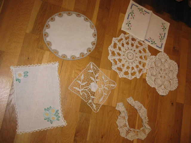 Lot De 7 Napperons Anciens Fait Main - Dentelle Coton Blanc - Vintage France