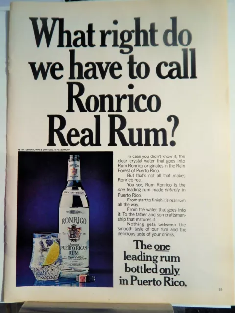 Ronrico Puerto Rican Rum Original 1975 Advertisement, Rare Ephemera