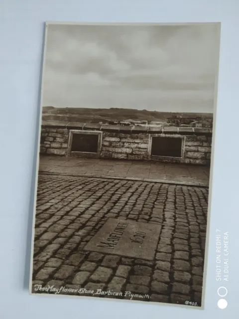 old postcard, the mayflower stone, plymouth, devon, england
