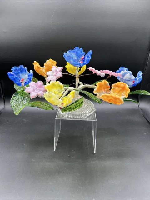 Murano Style Glass Flower Arrangement Multicolor Silk Wrapped Clear Glass Base