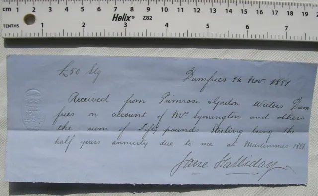1881 signed receipt Jane Halliday, Dumfries, £50 half years annuity