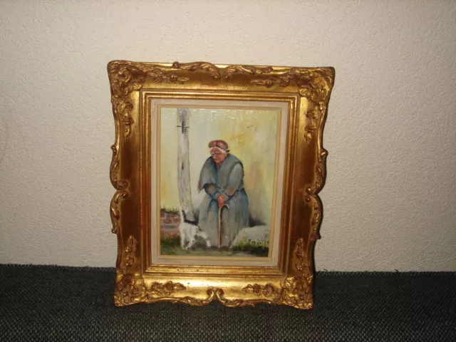 Old oil painting,{ Elder woman with her goat, is signed, nice frame! }.