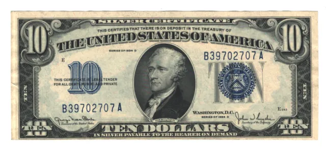 1934D $10 Ten Dollars Silver Certificate Blue Seal, CU Condition NT958