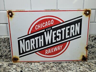 Vintage North Western Railway Porcelain Sign Chicago Railroad Train Line Oil Gas