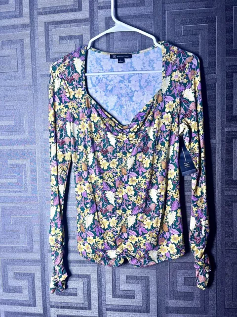 MSRP $50 Inc International Concepts Ruched-Front Top Green Floral Size Small