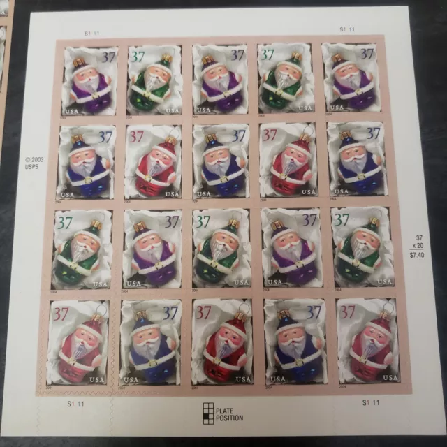 Lot of 2 Christmas Holiday Ornaments Postage Stamps Full Sheets .37 Cents Santa 2