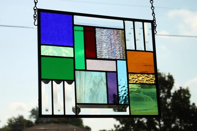 Multi-Colored Modern  Stained Glass Panel, Window Hanging = 11 3/8"x 9 3/8"