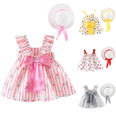 Toddler Baby Kids Girls Floral Ruched Bow Watermelon Princess Dress Clothes Hats