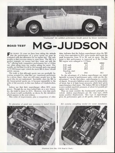 Road & Track Article Reprint from May 1958 -- Road Test MG-JUDSON  --