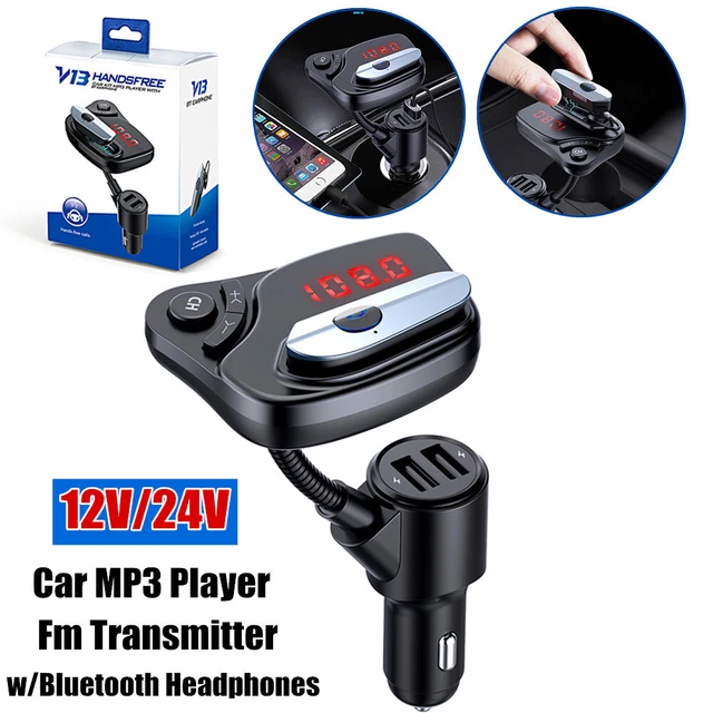 12V/24V Car Charger Socket Dual USB Port Fast Charging w/Bluetooth Headphones FM