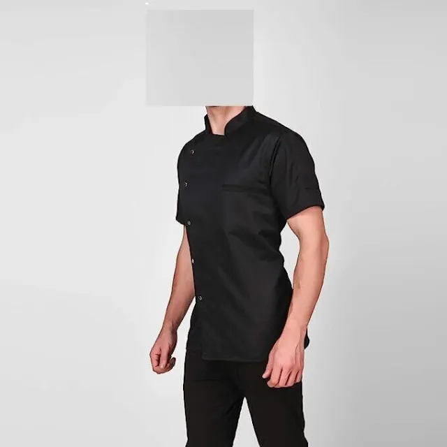 Simple Single Breasted Crossneck Black Chef Coat Size Medium PolyCotton For Men