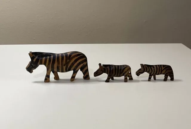 Hand Carved and Painted Wood African Zebras Folk Art Figurines