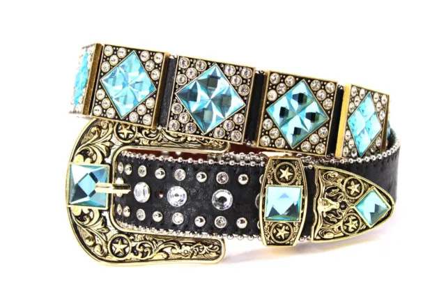 Western Belt Leather Bling Big Rhinestone Clear Black Blue for Pants Size 34