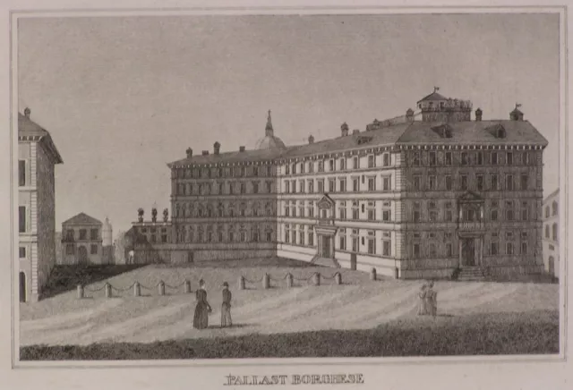 stampa originale del 1834 Palazzo Borghese Roma passepartout cm 25x30
