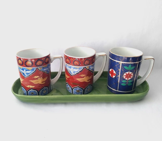 Neiman Marcus Imari Style Porcelain Mug Set with Tray Set of 3 Hand Painted