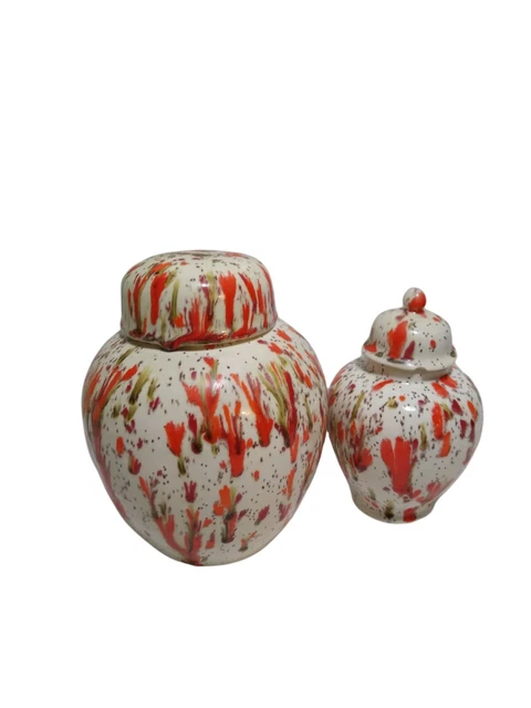 Vintage MCM Red Orange Drip Glaze Ginger Jar 8" Urn 6"