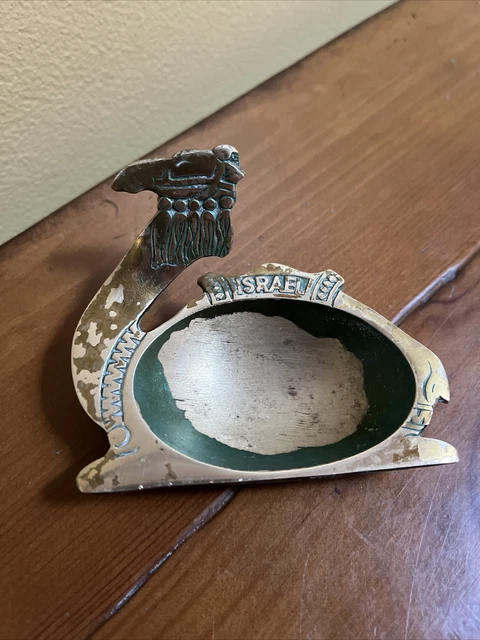 MCM CAMEL Brass Metal Ashtray Enamel Green Trinket Dish Made In Hakuli Israel