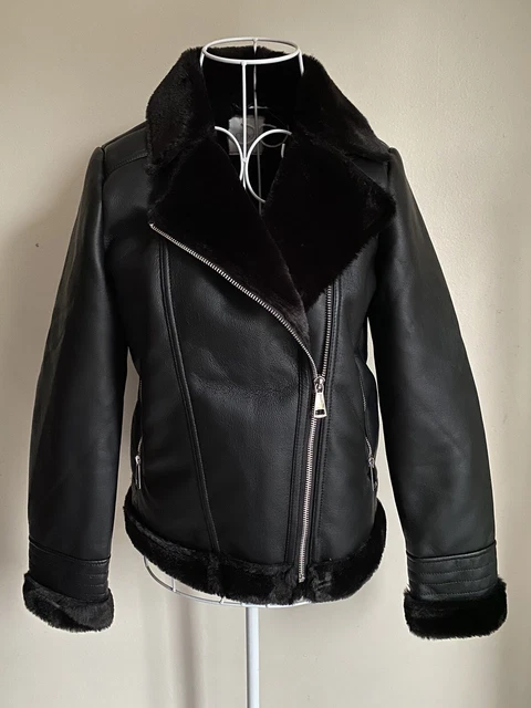 Next Girls Faux Leather Biker Jacket Age 12 years Black Fur Lined Zip Pockets
