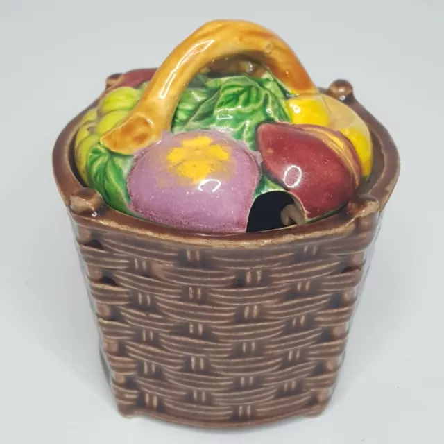 Marutomo Ware Fruit Basket Majolica Jam lidded container 1930's Antique