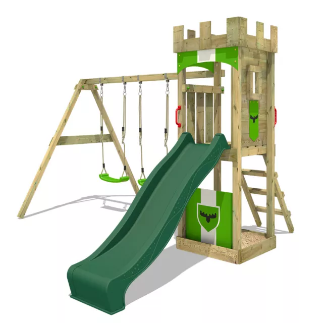 FATMOOSE TreasureTower Top XXL Wooden Climbing Frame - Swing & green Slide