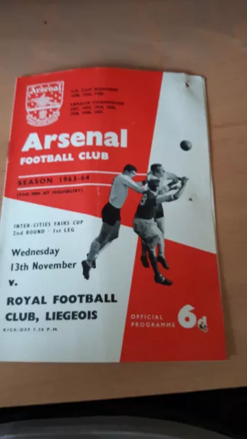 Football programme  - 63/64 Season Arsenal v Royal Football Club, Liegeois 13/11