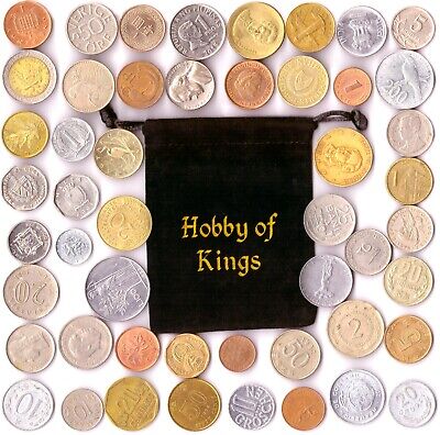 50 Old Coins | 50 Different Countries Around The World | Velour Coin Sack - Bag