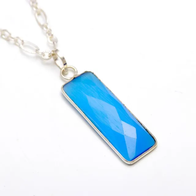 Blue Chalcedony Gemstone Necklace 925 Sterling Silver Chain Pendant Necklace 18"