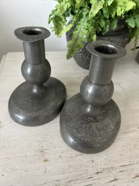 Antique Secessionist Arts And Crafts Pair Pewter Candlesticks 3