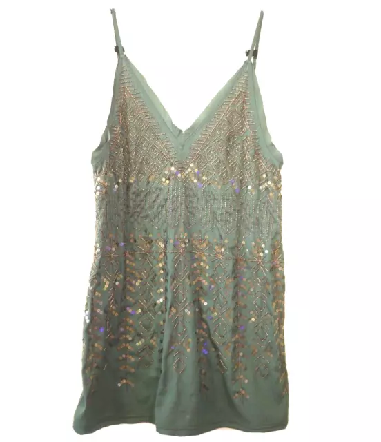 Free People Women's XS Beaded Sequin Embellished Mini Tank Slip Dress Green