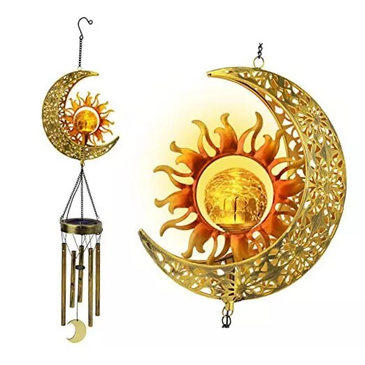 Sun Moon Solar Wind Chimes for Outside Crackle Glass Ball Waterproof Moon&Sun