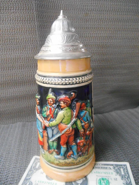 Vtg 9" Luster & Majolica Stoneware LIDDED BEER STEIN Germany 0.5L Aufbruch Jagd