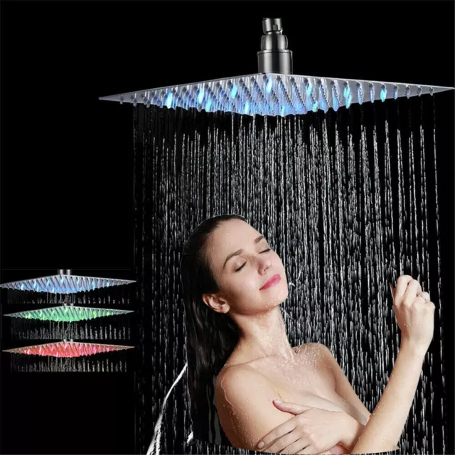 LED 16" Rainfall Shower Head Overhead Top Sprayer Stainless Steel Brushed Nickel