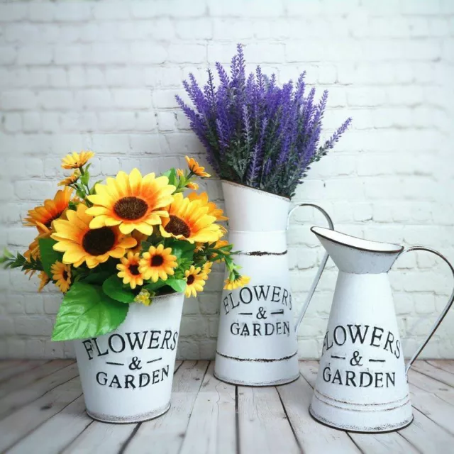 Vintage Farmhouse Decorative Pitcher Vase Metal Rustic White Flower Jug Home