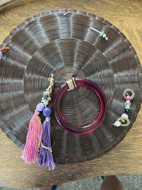 Large Antique Chinese Wicker Woven Sewing Basket Beads Tassels Brown 12”