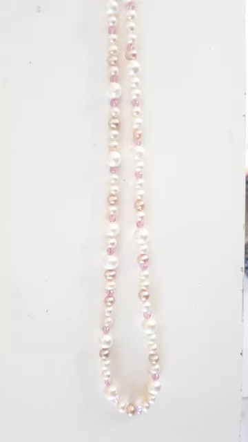 Weisse Lange Kette verschiedene Perlen Und Pink Topas 95 cm