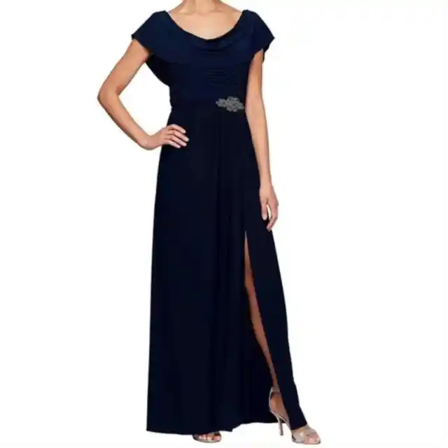 NEW ALEX EVENINGS Cowl Neck Beaded Waist Gown Mother of the Bride Dress