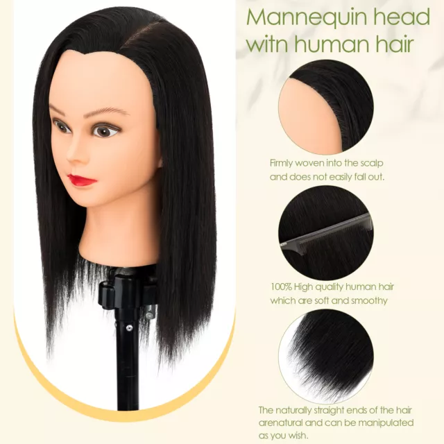 HOT 100% Real Hair Training Head Salon Styling Hairdressing Mannequin Doll Black 3