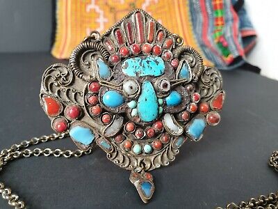 Old Tibetan Medallion Necklace with Red Coral & Turquoise on a Silver Chain...