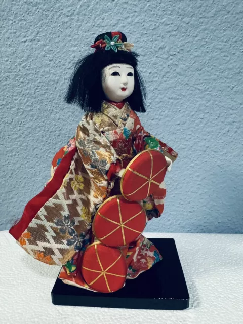 Japanese Geisha Doll Traditional Colorful Kimono on Wooden Stand 8" Tall Japan