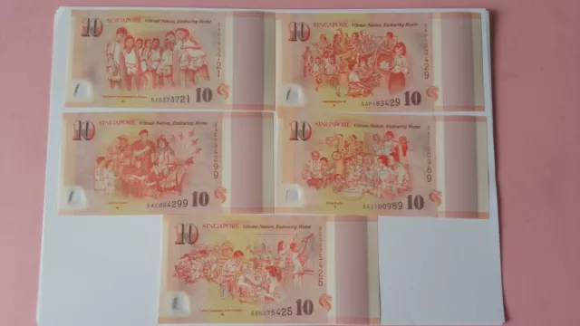 2015 SINGAPORE $10 polymer Commemorative Note SG50 50th Year Independence, 5 pcs