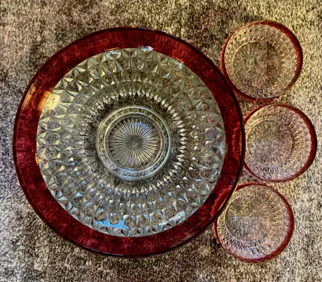 Vintage Indiana Glass Ruby Diamond point 13” Bowl, 3 Small Matching Bowls