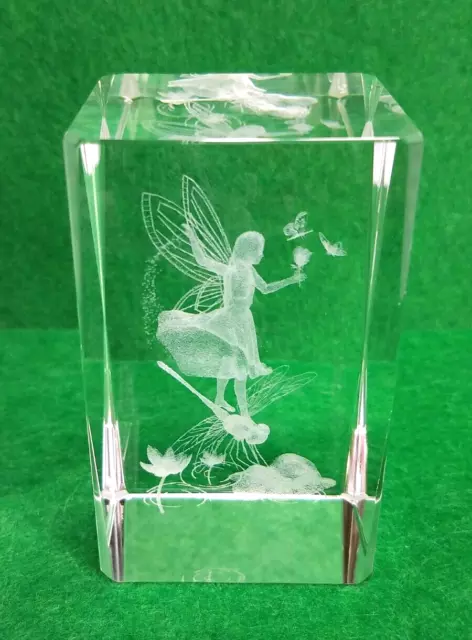 FAIRY/DRAGON FLY  Laser Etched Crystal Glass Paperweight 3" Tall Holographic 3D