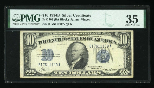 DBR 1934-B $10 Silver Vinson Fr. 1703 PMG 35 Serial B17611109A