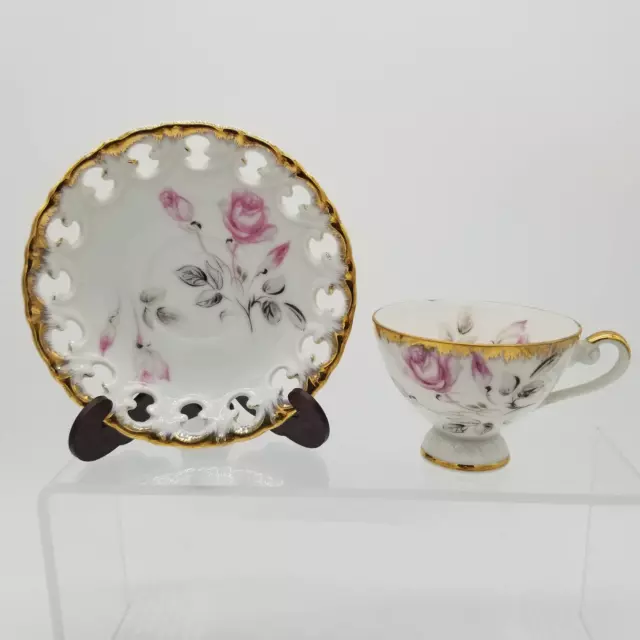 Vintage Tea Cup and Saucer Pink Rose Gold Edge Mid Century MCM