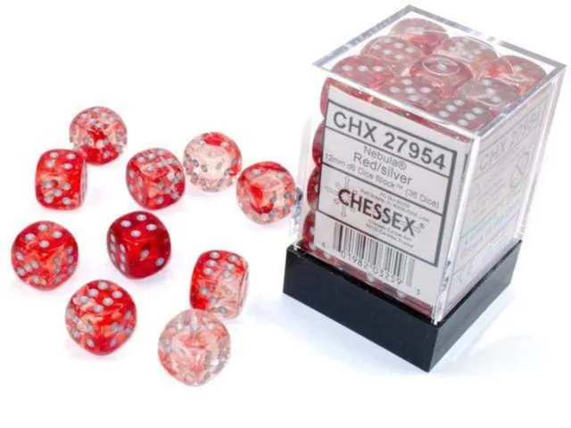 Chessex Nebula Dice Block 12mm d6 Red with Silver Luminary (36 dice)