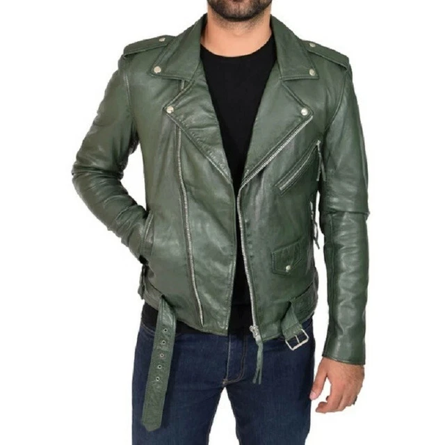 Jacket Leather Biker Motorcycle Men's Mens Lambskin Racer Cafe Vintage Green 40