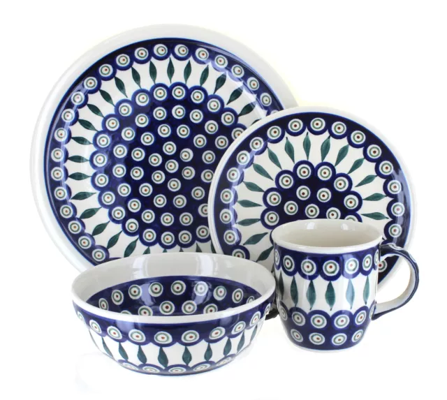 Blue Rose Polish Pottery Peacock 16 Piece Dinner Set