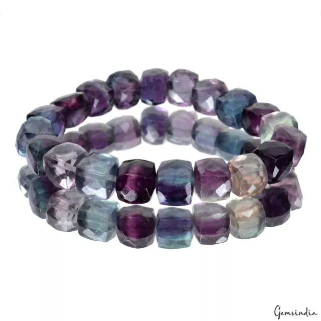 Multicolor Fluorite 3D Box Faceted Gemstone Beads Stretch Bracelet 6 in Handmade