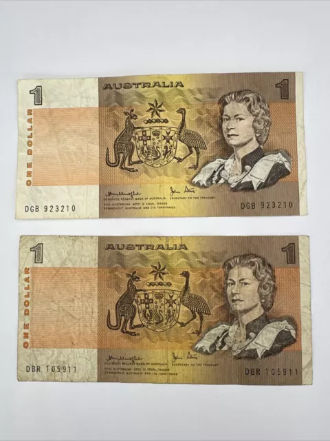 1977 Australia $1 Dollar Note Johnston  Stone💰 X 2 Pcs 🔥DGB923210/ DBR105911