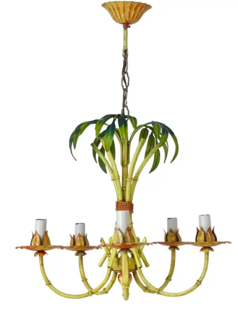 Charming Vintage Palm Chandelier Faux Bamboo Ceiling 1980' Regency Mid Century
